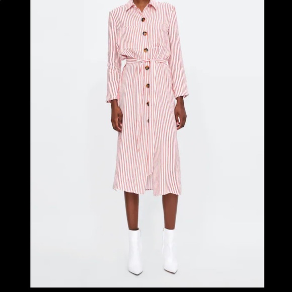 Zara | Red White Stripe Linen Tunic Belted Dress S - Picture 4 of 10